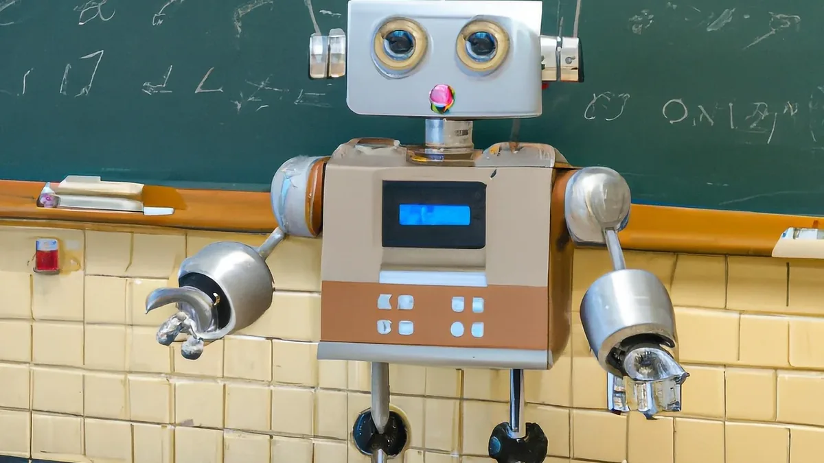 A robot standing in front of a chalkboard with mathematical equations written on it.