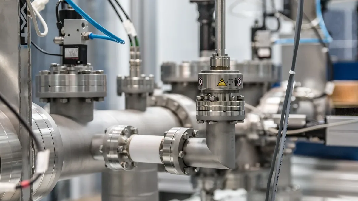 A collection of stainless steel pipes and valves in a factory setting.